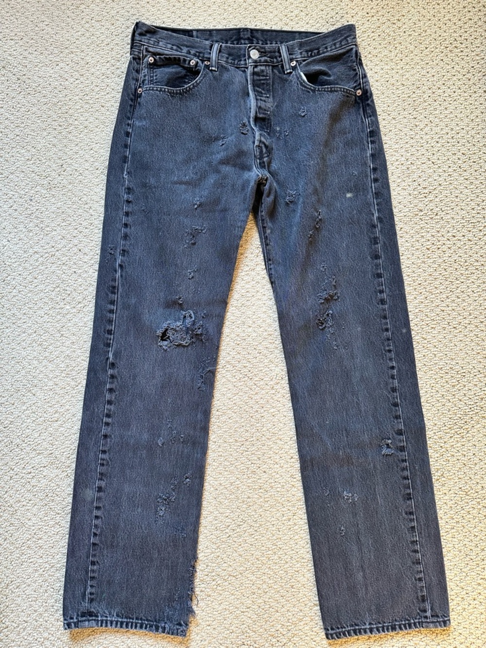 Levi’s 501‎ Original Fit Button Fly Jeans Distressed Shredded Black  Sz 34x32